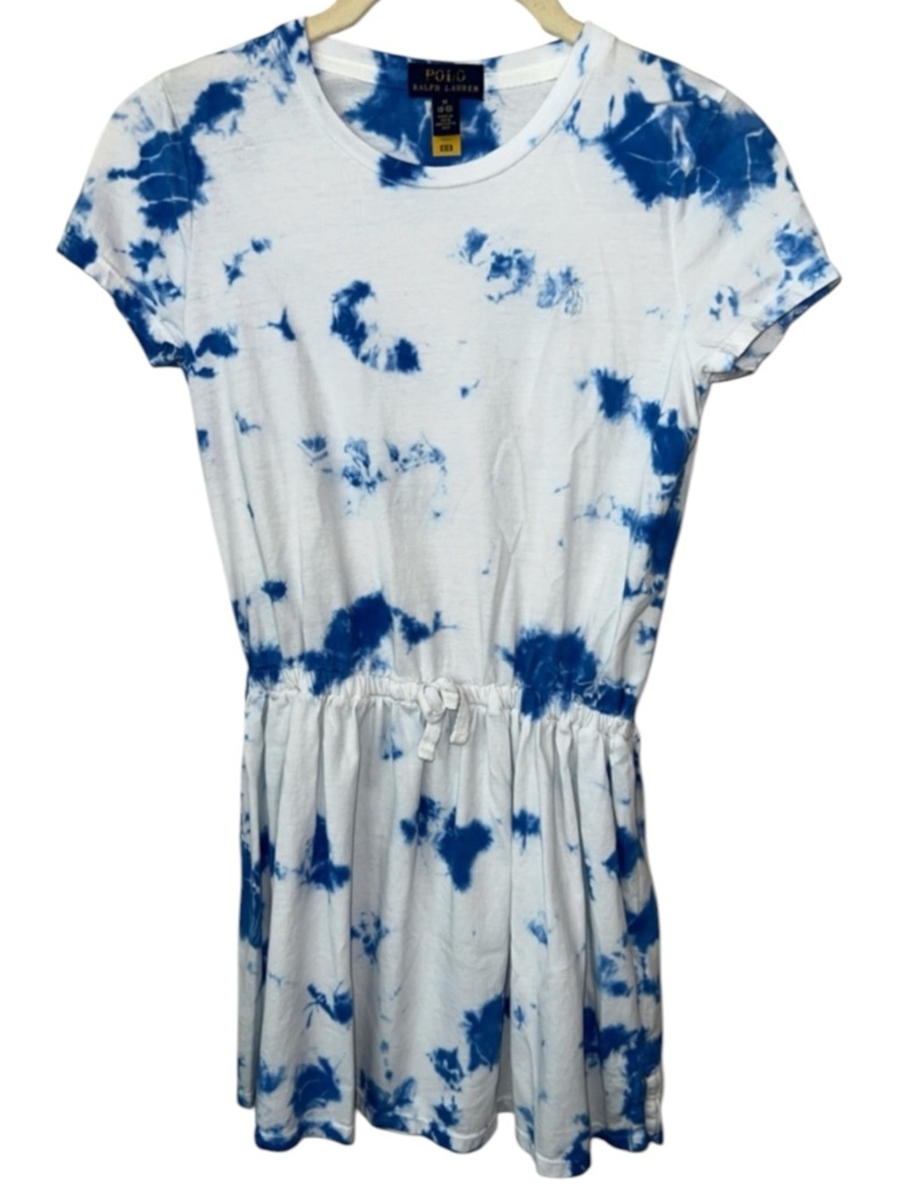 Polo by Ralph Lauren White and Blue Tie-Dye Drawstring Waist Dress Size 8-10